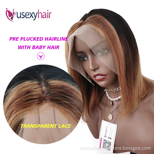 Wig vendors color lace front wigs short ombre 1b/30 pre plucked transparent hd lace frontal human hair bob wigs for black women
